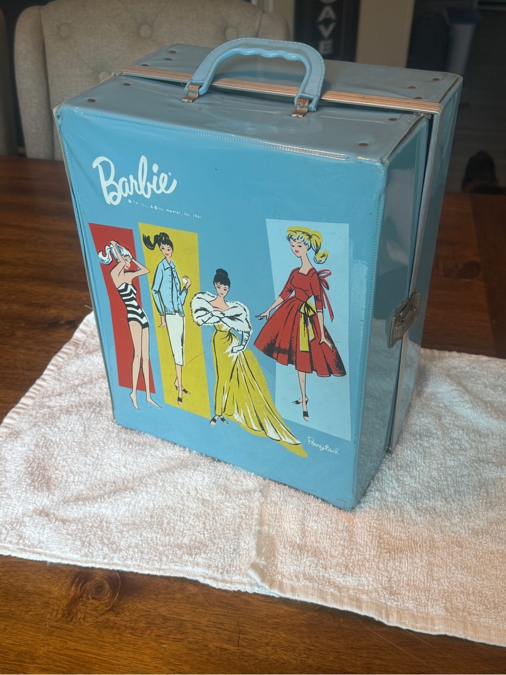 Barbie Light Blue Vinyl Doll Case with Retro Illustrations